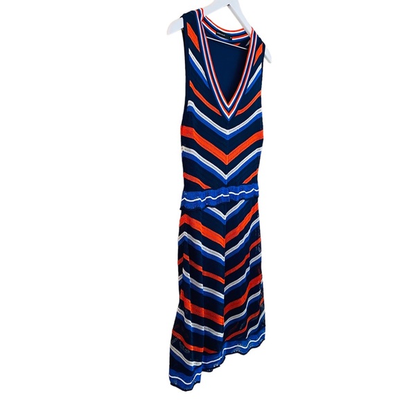 Karen Millen Blue & Orange Stripe Chevron Lightweight Knit Scallop Hem Dress - Picture 10 of 12